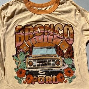 Women's Ford Bronco T-Shirt Yellow Spell-Out L Ringer Hippie 70s Retro SUV